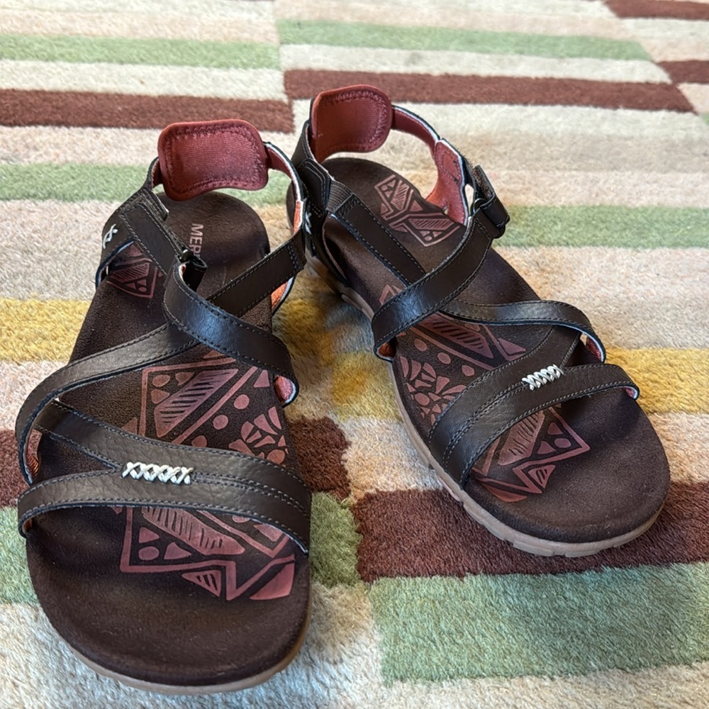Merrell Sandspur Rose Sandals Cocoa/Coral Leather Comfort Ankle Strap size 10 - Picture 2 of 11